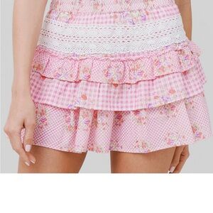 LoveShackFancy Corbett Berry Picnic Pink Floral Gingham  Mini Skirt